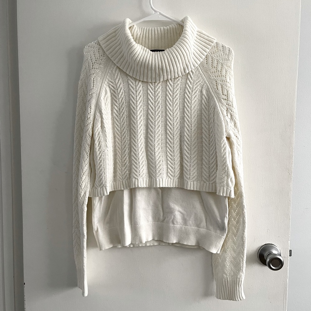 Vince Camuto layered turtleneck sweater with see through knit sleeves